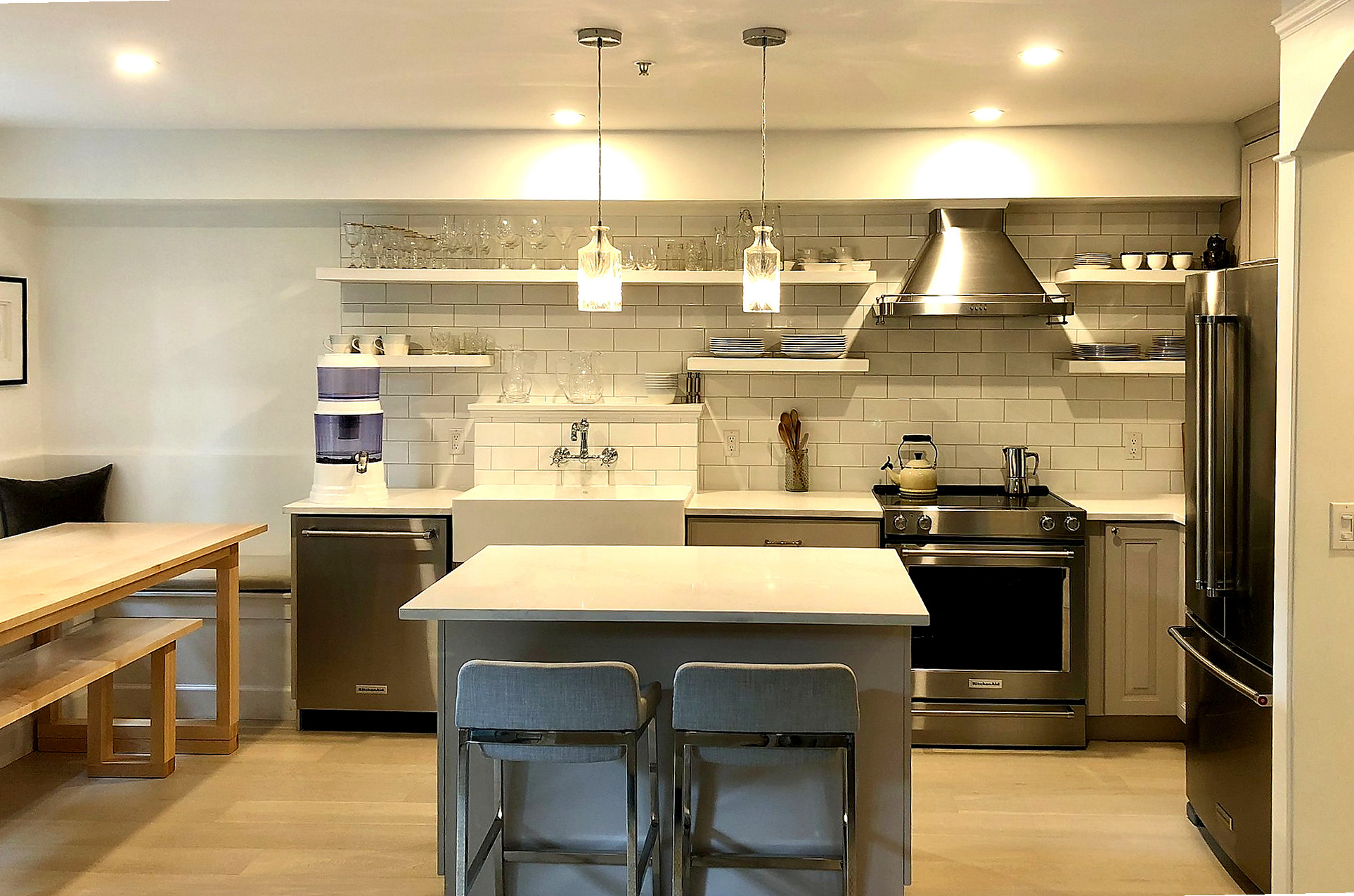 Open kitchen with floating shelves
