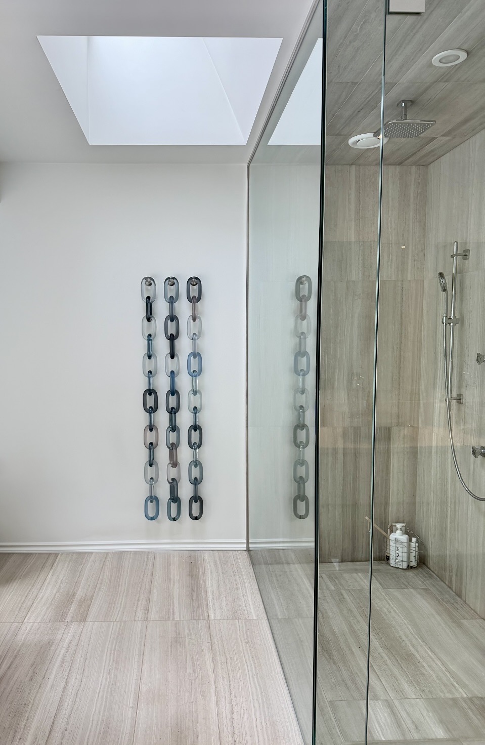 Bathroom with skylight and glass shower